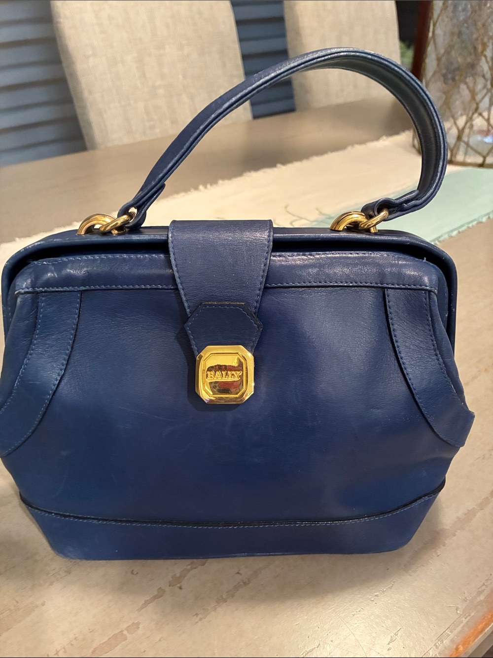 Bally Navy Leather Top-Handle Bag with Gold-Tone Hardware
